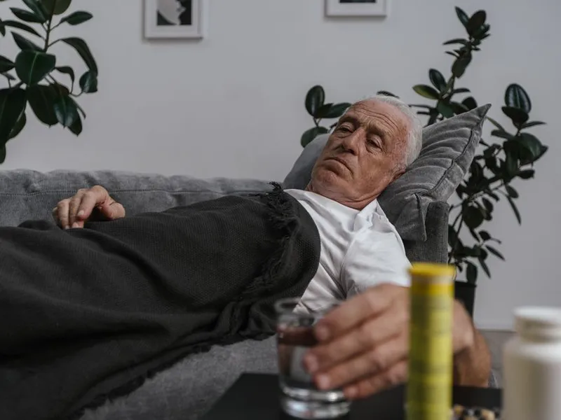 An older man resting comfortably at home during recovery